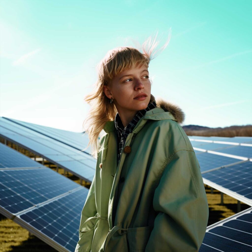 Ingenieurin vor Solarpaneelen, blickt in die Ferne, Nachdenklichkeit über nachhaltige Energie.