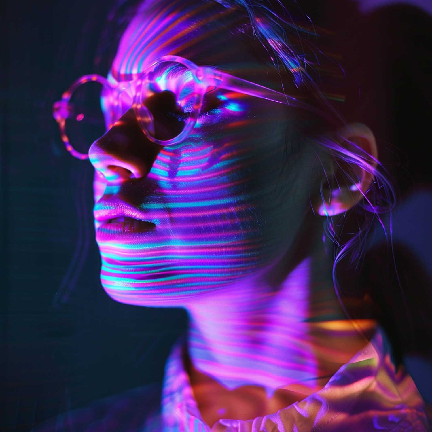Frau im Profil mit neonfarbenen digitalen Streifen auf ihrem Gesicht.
