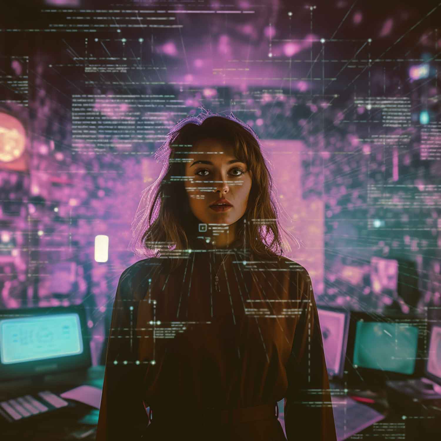 Frau vor einem digitalen Interface, das Künstliche Intelligenz symbolisiert.
