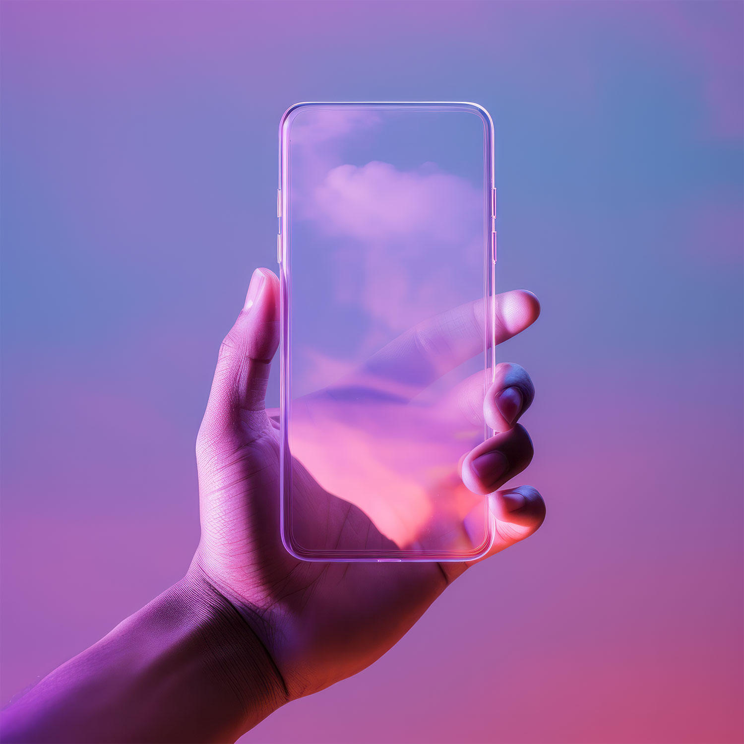 Eine Hand hält ein transparentes Smartphone, durch das Wolken sichtbar sind.