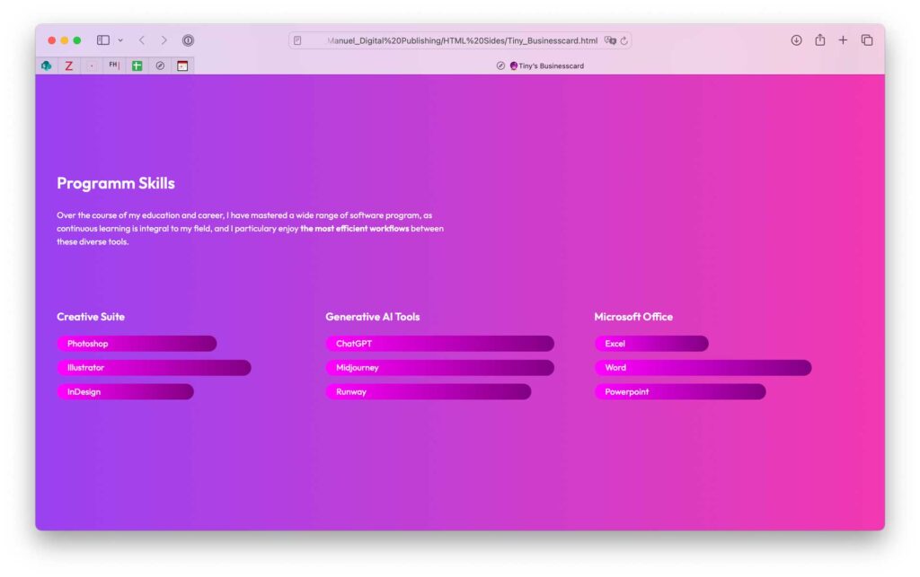 1920x1206_deaex_blog_Screenshot_html_chatgpt_skills Webseite mit einem lila Hintergrund, die aktuelle Projekte von Tiny Bernhard vorstellt. Diese umfassen ein Kinderbuch "Dog & Chicken", ein weiteres Projekt "Consume" und ein Forschungsprojekt zur Lehre und Lernen.