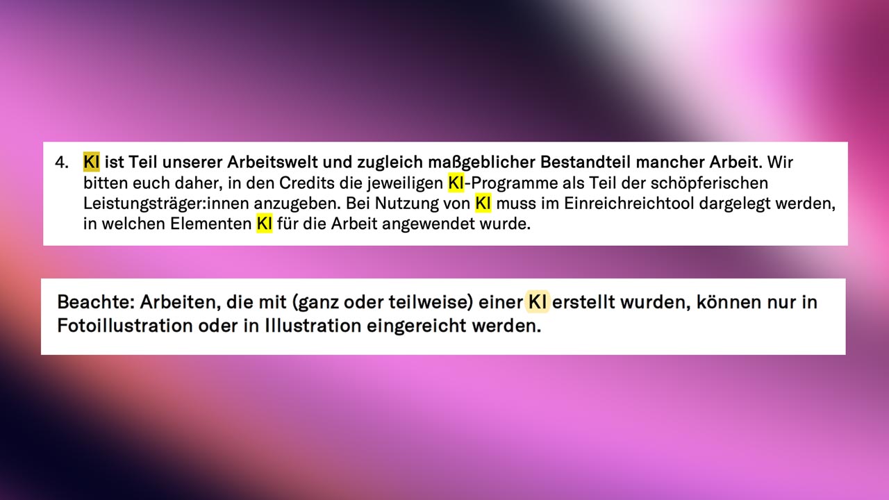 Textauszug der Richtlinien für die Verwendung von KI-Tools bei der Erstellung von Inhalten für den CCA-Wettbewerb. Wichtige Punkte zur Kennzeichnung und Nutzung von KI in Projekten.