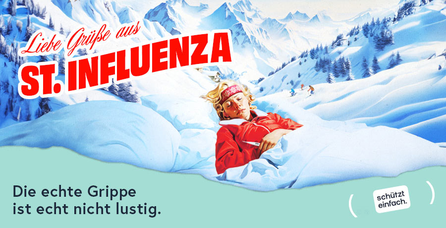 Kampagnensujet mit dem Titel 'Liebe Grüße aus St. Influenza', erstellt mit MidJourney für für die Impfkampagne. Eine Frau liegt krank im Schnee, mit dem Hinweis, dass die echte Grippe nicht lustig ist. Copyright BMSPGK