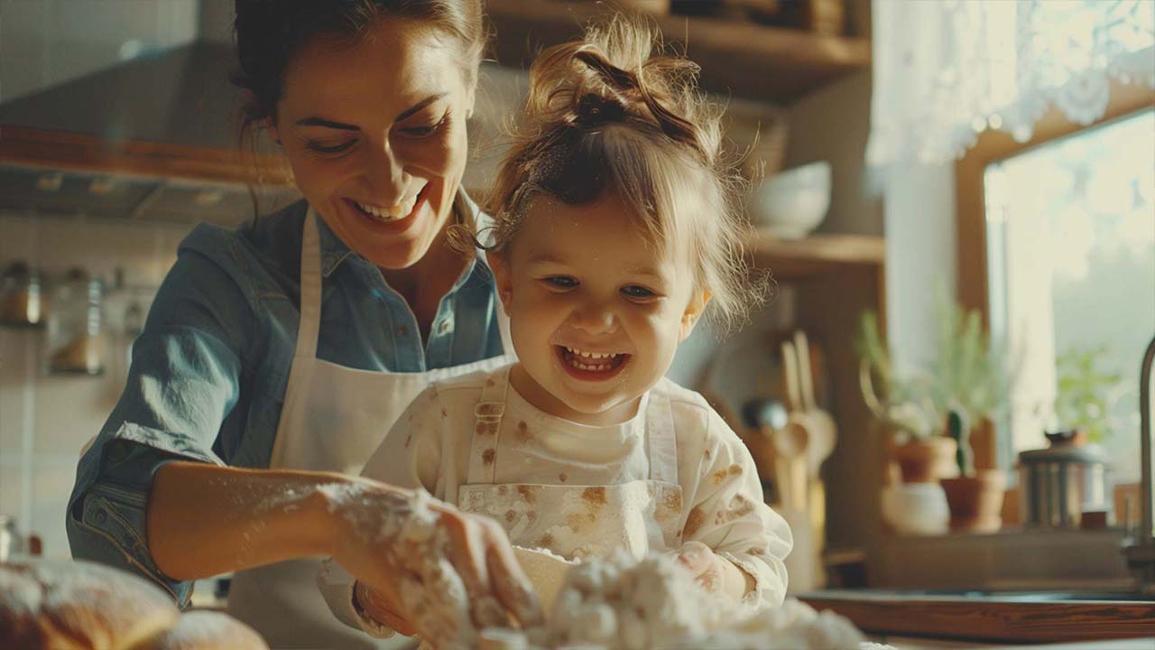 Testbild für KI-Bild Umfrage: Eine Mutter und ihr Kind lachen und haben Spaß beim gemeinsamen Backen in der Küche.