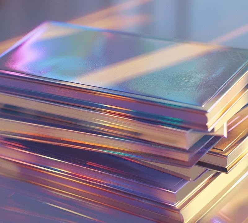 Ein Stapel glänzender, holographisch schimmernder Fotobücher, die auf einem Tisch liegen. Das Licht reflektiert in verschiedenen Farben auf den glatten Oberflächen der Alben, was ihnen ein futuristisches und hochwertiges Aussehen verleiht.