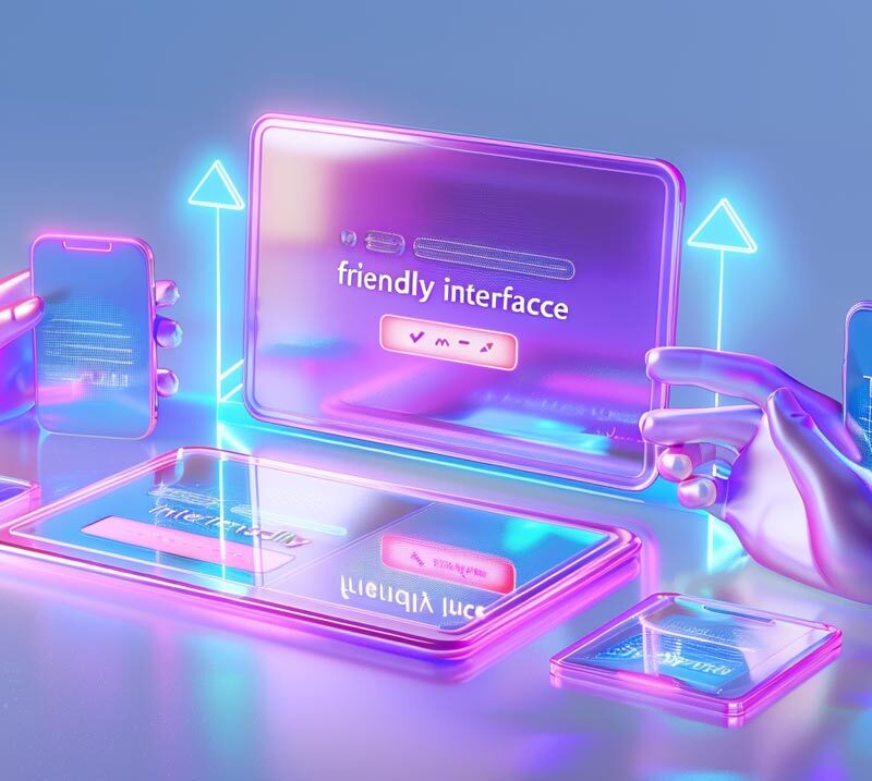 Ein digitales Bild zeigt ein futuristisches Benutzerinterface, das die 10 Heuristiken des ChatGPT-User-Interface-Designs darstellt. Das Bild ist in hellen, leuchtenden Farben wie Pink und Blau gehalten und zeigt Hände, die mit verschiedenen Geräten interagieren. Zu den Geräten gehören ein Smartphone, ein Tablet und ein Desktop-Bildschirm, auf dem "friendly interface" zu sehen ist. Dies repräsentiert die freundliche und intuitive Benutzeroberfläche von ChatGPT.