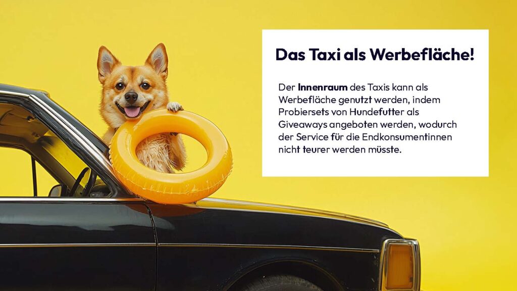 1920x1080_blog_deaex_design-thinking-hundetaxi_marketing_praesentation_1 Hund mit Schwimmreifen in einem Auto – Design Thinking Prozess für Hundetaxi 40100 mit Midjourney. Der Innenraum des Taxis als Werbefläche für Probiersets von Hundefutter.