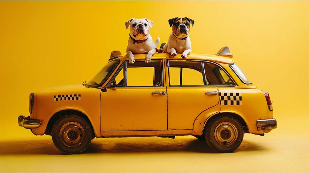 1920x1080_blog_deaex_design-thinking-hundetaxi_marketing_praesentation_2 Zwei Hunde auf einem gelben Taxi – Design Thinking Prozess für Hundetaxi 40100 mit Midjourney. Vorstellung von Fahrzeugen, die für den sicheren Transport von Hunden geeignet sind.