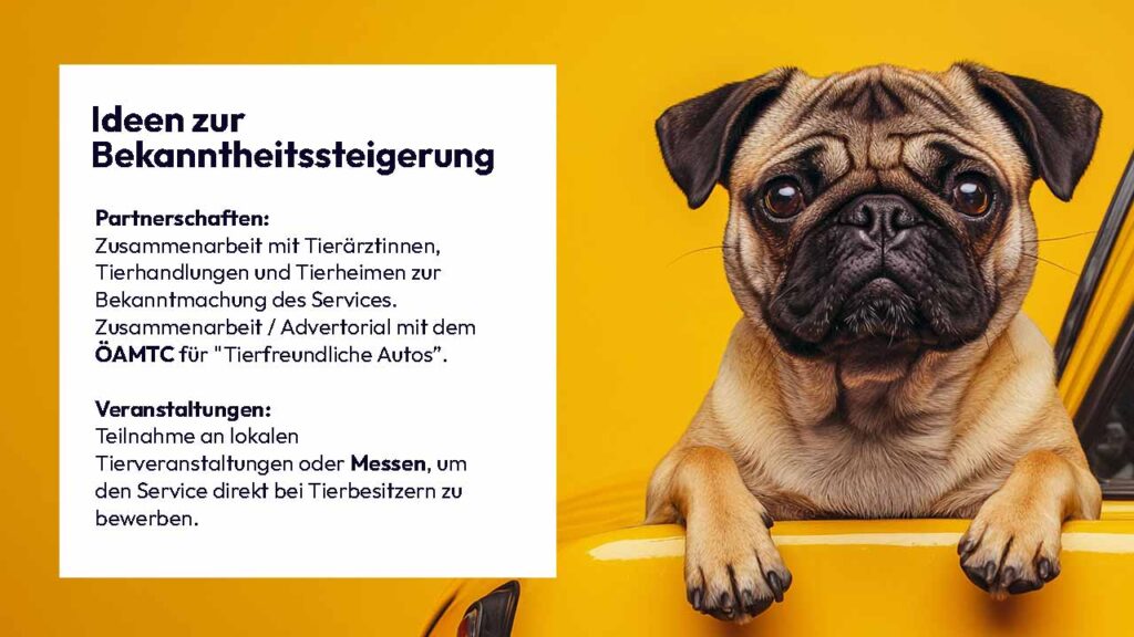 1920x1080_blog_deaex_design-thinking-hundetaxi_marketing_praesentation_5 Mops schaut aus einem Auto – Design Thinking Prozess für Hundetaxi 40100 mit Midjourney. Ideen zur Bekanntheitssteigerung durch Kooperationen und Teilnahme an Tiermessen.