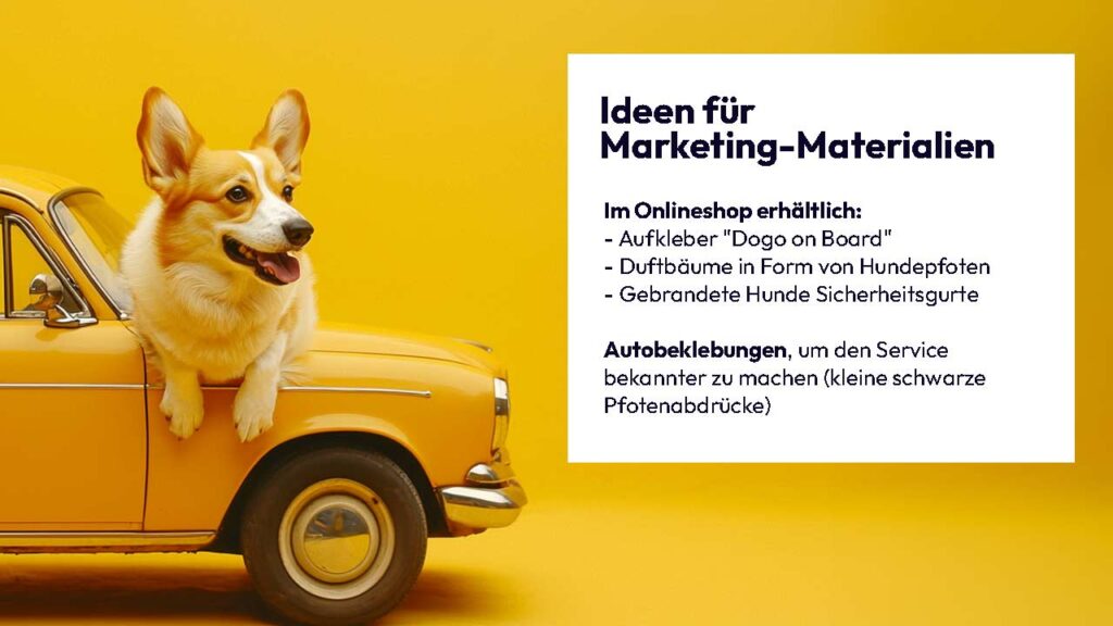 1920x1080_blog_deaex_design-thinking-hundetaxi_marketing_praesentation_7 Corgie auf einem gelben Auto – Design Thinking Prozess für Hundetaxi 40100 mit Midjourney. Ideen für Marketing-Materialien wie Aufkleber 'Dogo on Board' und Duftbäume in Form von Hundepfoten.