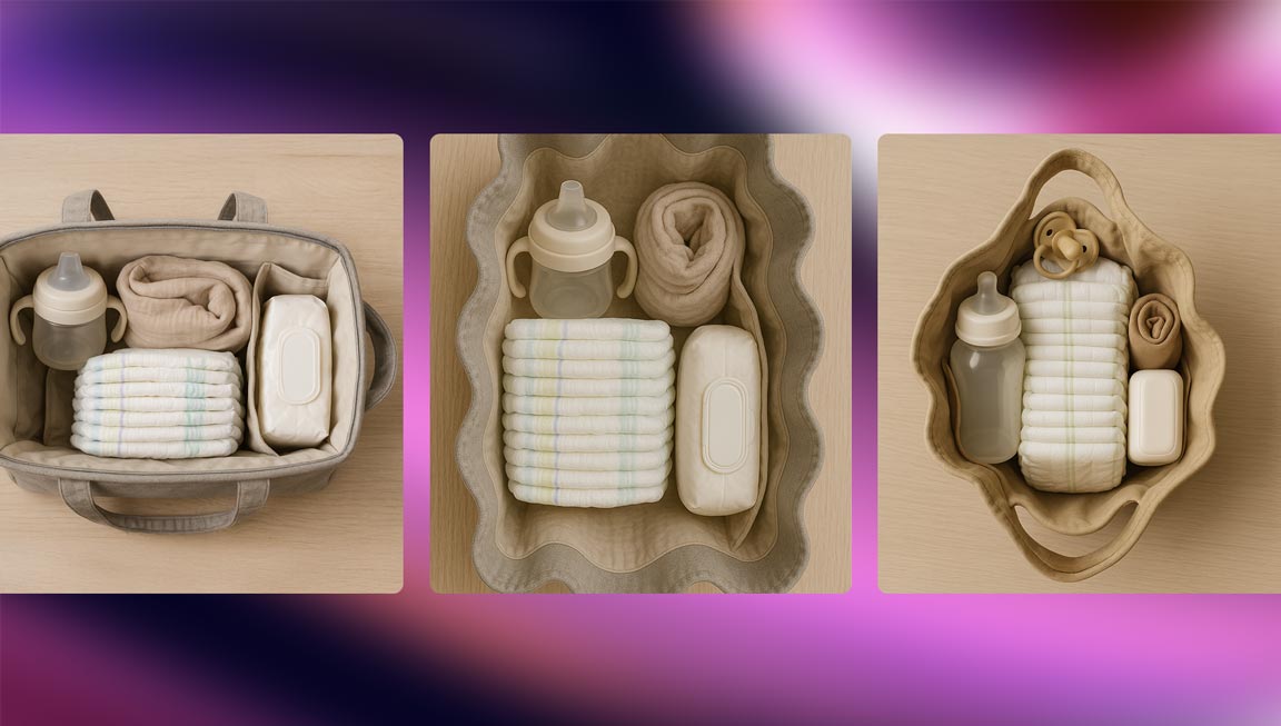 Midjourney-Entwürfe einer Windeltasche in Vulva-Form – generiert mit ChaGPT von deaex 2025