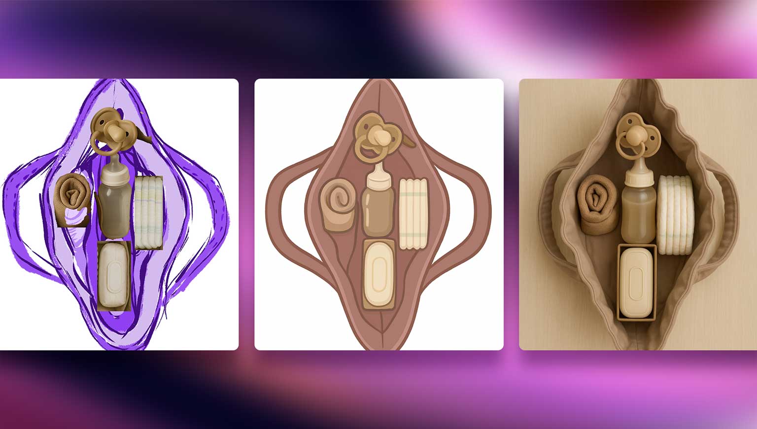 „Von der Skizze zur Midjourney-Visualisierung: Entstehung einer Vulva-Windeltasche als Metapher für Care-Arbeit im Wochenbett. Links: erste Photoshop-Montage, Mitte: grafische Vereinfachung, rechts: realistische Darstellung. – generiert mit chatgpt von deaex 2025