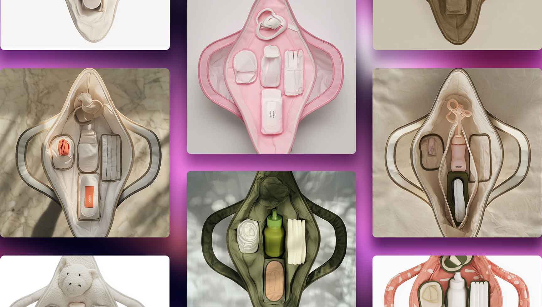 Midjourney-generierte Varianten der Vulva-Windeltasche mit Fokus auf Form, Materialität und Licht – generiert mit midjourney von deaex 2025