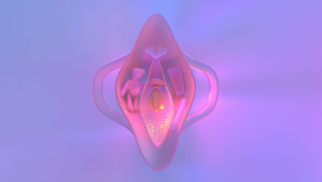 Abstrakte, poetisch leuchtende 3D-Visualisierung einer Vulva als WIndel Tasche – generiert mit Midjourney von deaex 2025