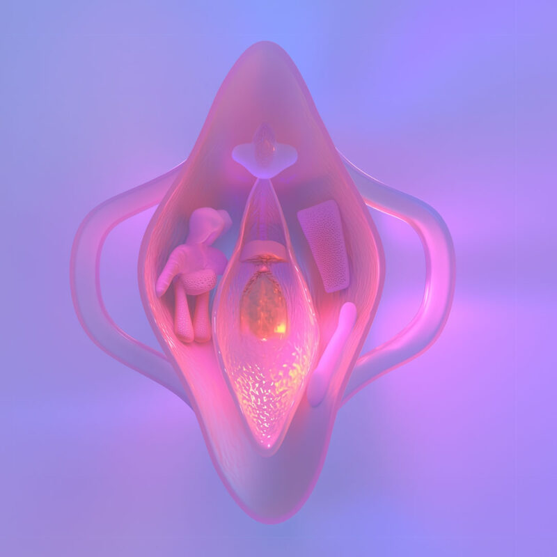 Abstrakte, poetisch leuchtende 3D-Visualisierung einer Vulva als WIndel Tasche – generiert mit Midjourney von deaex 2025