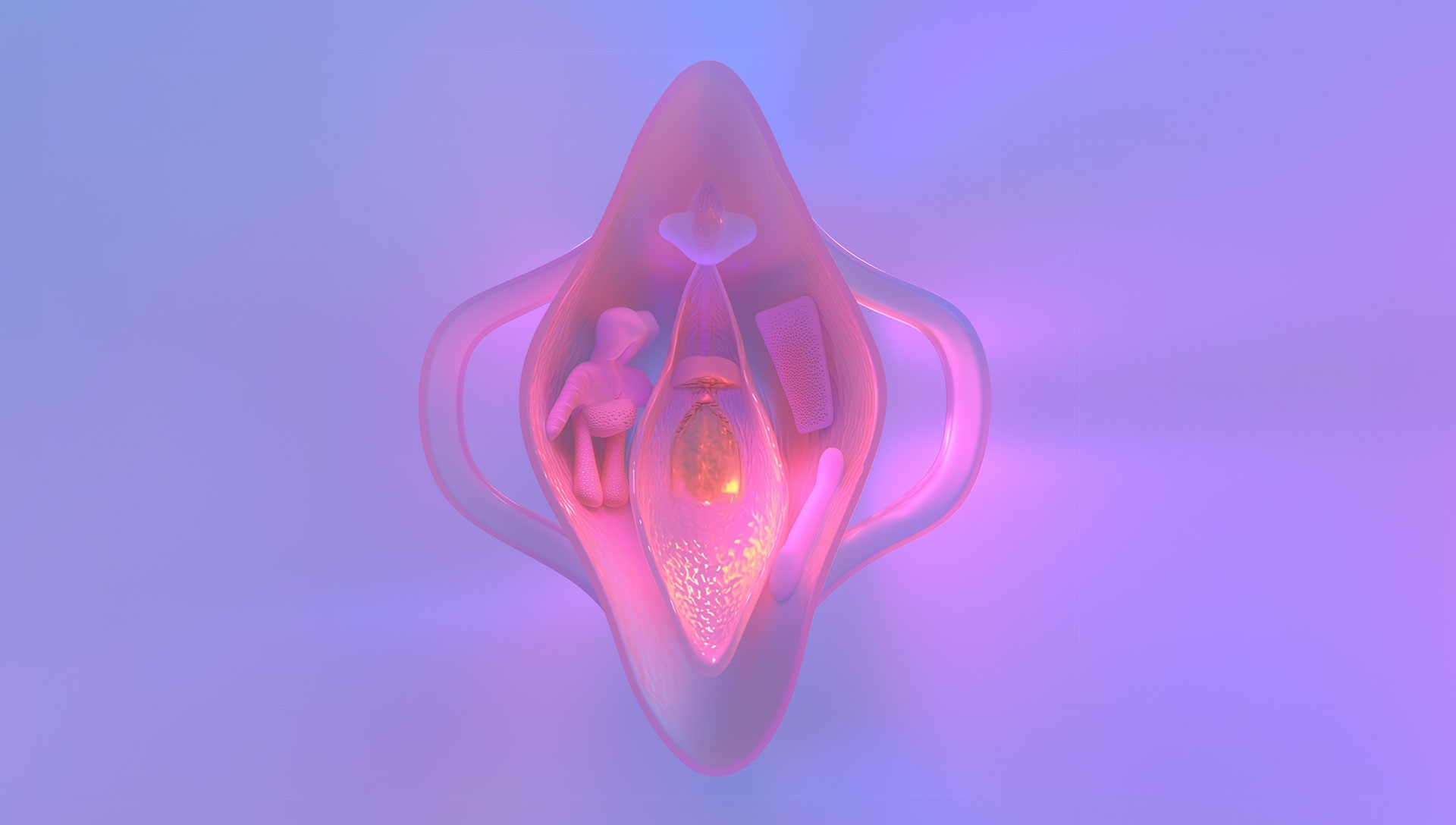 Abstrakte, poetisch leuchtende 3D-Visualisierung einer Vulva als WIndel Tasche – generiert mit Midjourney von deaex 2025