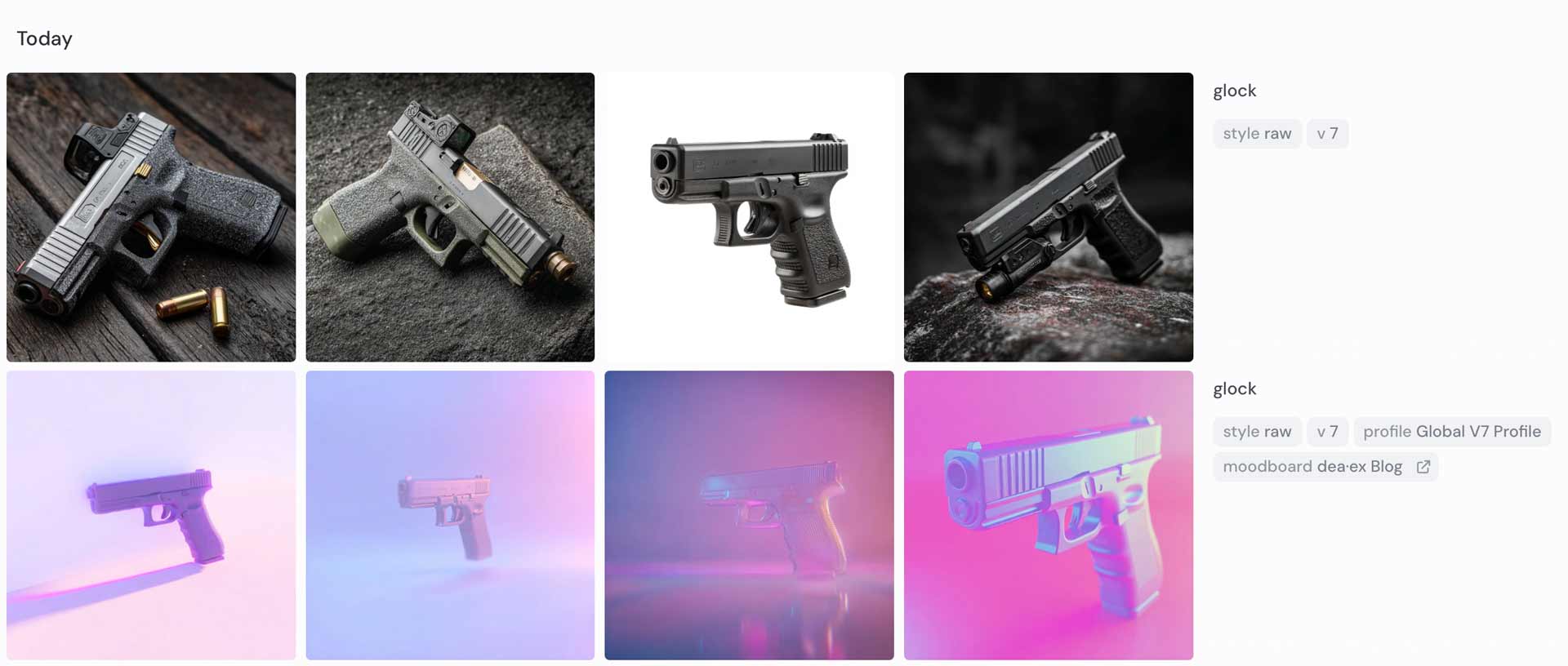Midjourney-Galerie mit realistisch und stilisiert generierten Pistolen vom Typ Glock – problemlose Darstellung von Waffen, darunter Neonlicht-Ästhetik und Studioaufnahmen.
