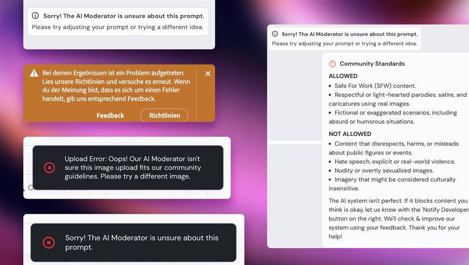 Fehlermeldungen von Midjourney, Photoshop und ChatGPT, die zeigen, dass ein Prompt oder Bild durch den AI-Moderator blockiert wurde. Deals 2025