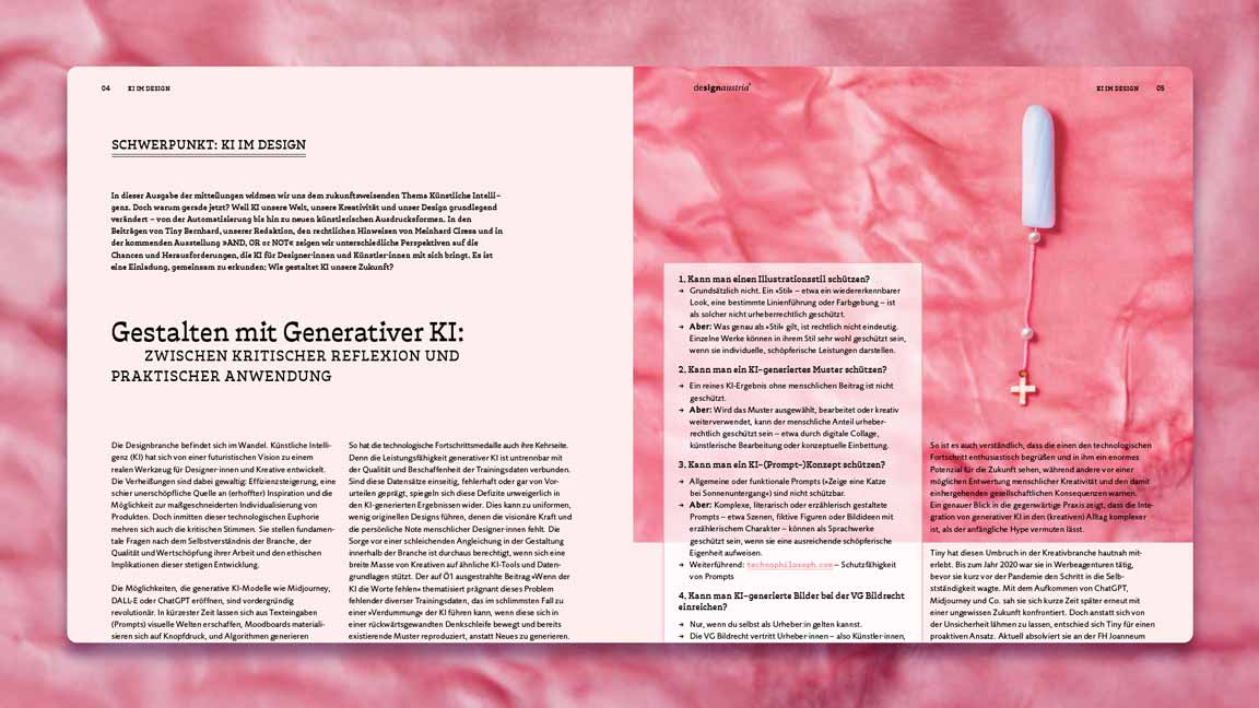 Magazinbeitrag von designaustria über Gestaltung mit generativer KI 2025 – rechts das Tampon-Motiv von deaex auf rosa Stoff, links ein Text zur rechtlichen Lage.