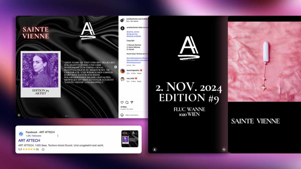 1536x864_deaex_blog_midjourney_Tampon_art_Attech-kunst-küsst_Techno_promotion Künstlerprofil von Sainte Vienne auf Instagram, inklusive Beschreibung ihrer Arbeit mit Midjourney und Rolle bei Art Attech Edition #9 im November 2024.