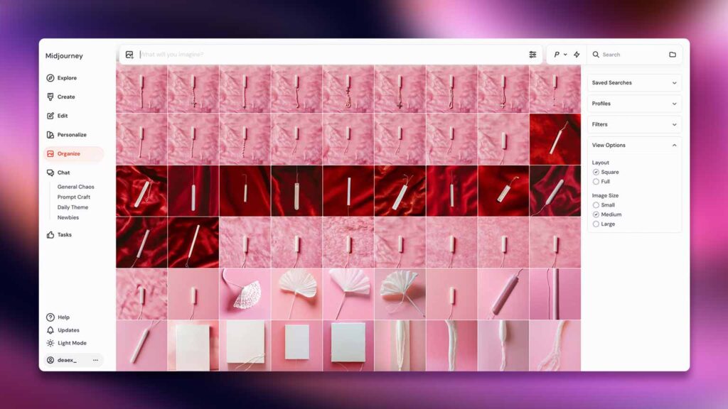 1536x864_deaex_blog_midjourney_Tampon_variation-workflow Screenshot der Midjourney-Bibliothek mit zahlreichen Varianten eines Tampons auf rosa Stoff – visuelle Entwicklung durch KI-basierte Prompting-Experimente. Generiert mit Midjourney von deaex 2024