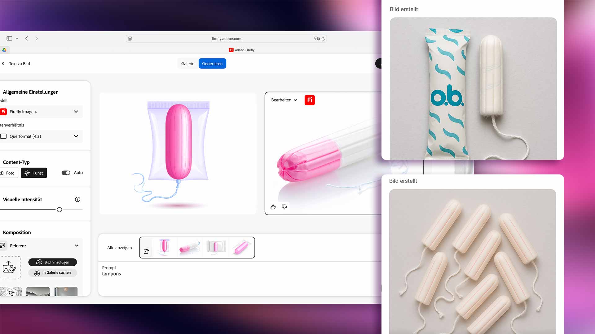 Screenshot aus Adobe Firefly mit KI-generierten Tampons im rosa Stil sowie Vergleich zu ChatGPT Ergebnis: o.b.-Tampons, Prompt "Tampons" von deaex 2025