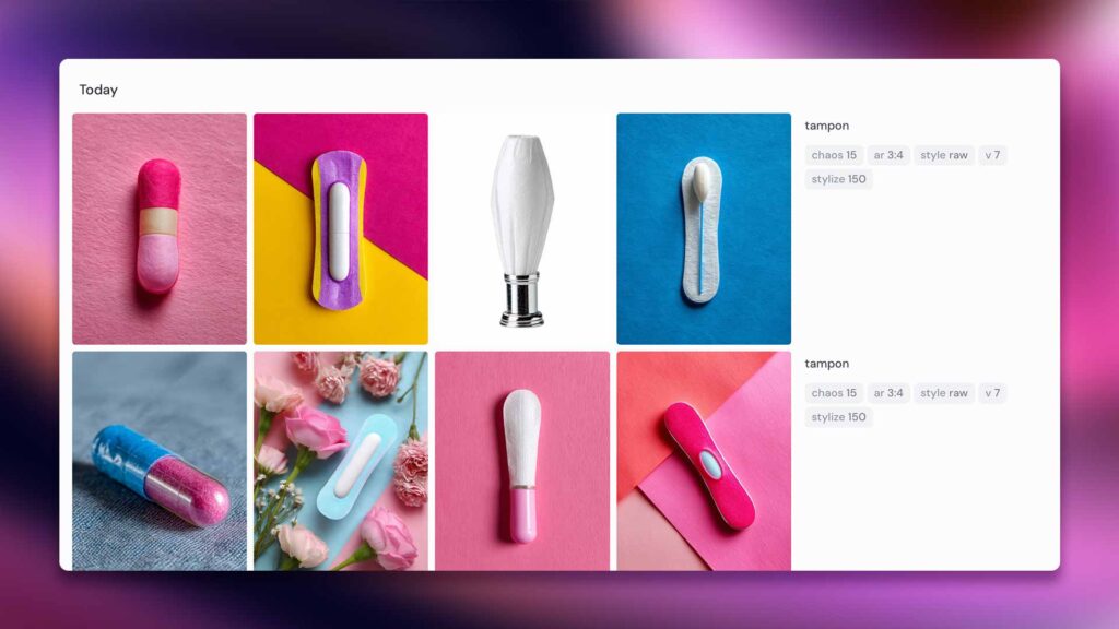 1920x1080_deaex_blog_midjourney_Tampon_variation_prompting Tampon-Variationen von deaex, generiert mit Midjourney 2025. Beispiel für die Grenzen beim Prompting von weiblicher Hygiene.