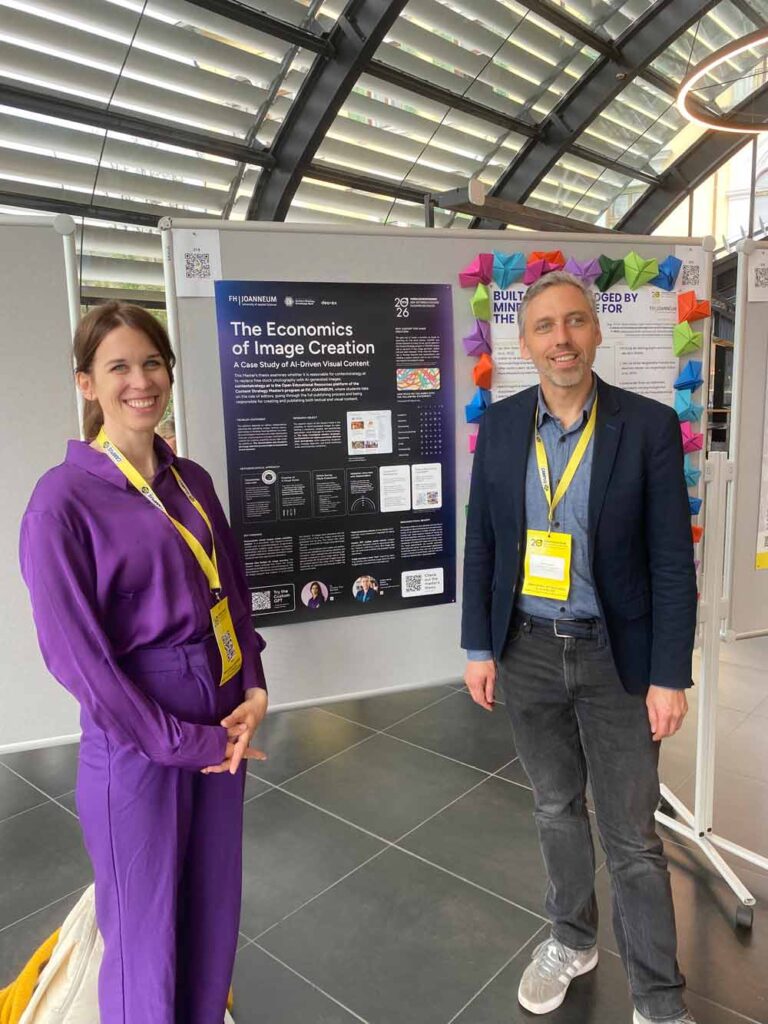 Tiny Bernhard von deaex in a purple dress and a man in a blazer with yellow lanyards pose beside a research poster at a conference venue with a glass roof.