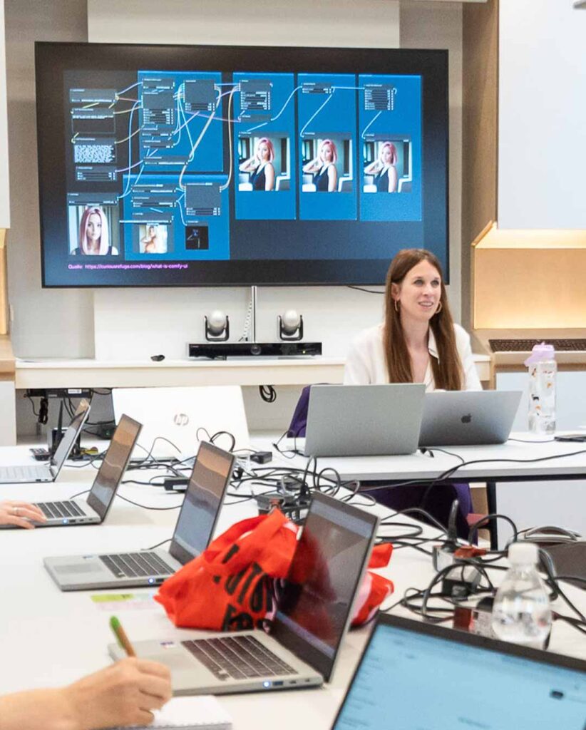 Woman presenter at the front of a classroom with a large screen showing a blue UI/workflow diagram; attendees work on laptops around a table.