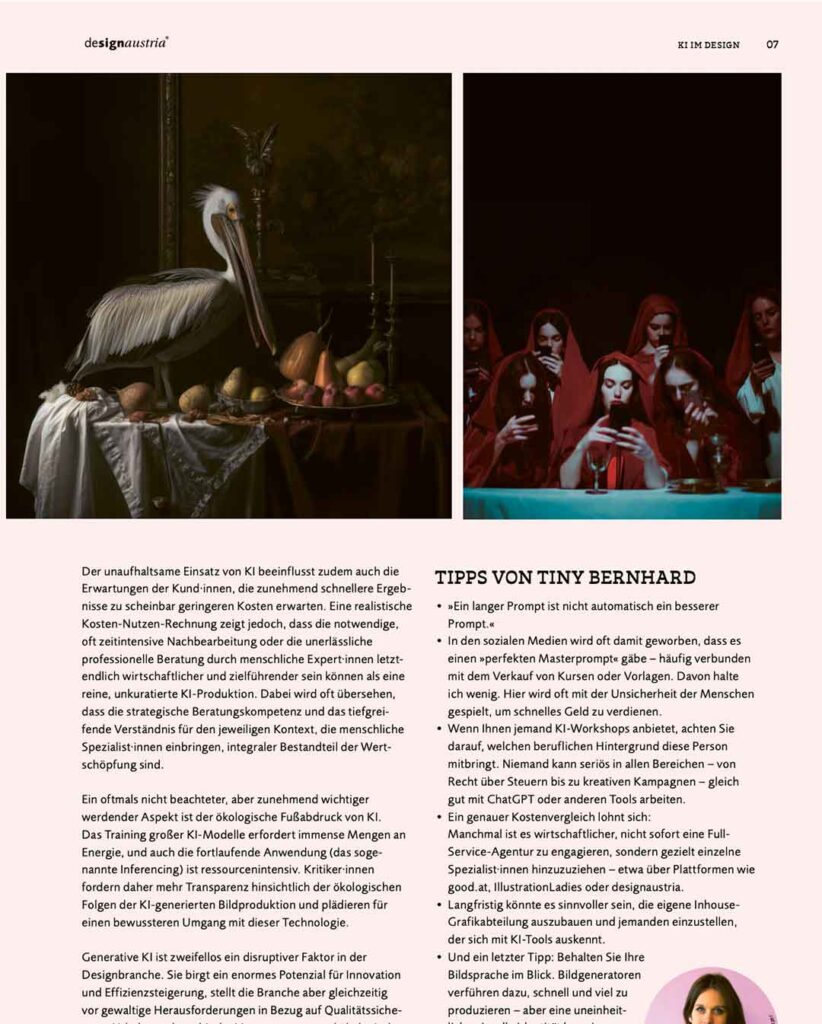 Diptych: left panel shows a dark antique still life with a pelican sculpture and a fruit-filled table; right panel shows women in red veils around a table looking at phones.