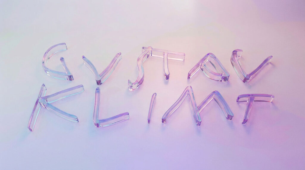 Transparent glass letters spelling a two-word phrase on a soft pink–purple gradient background.