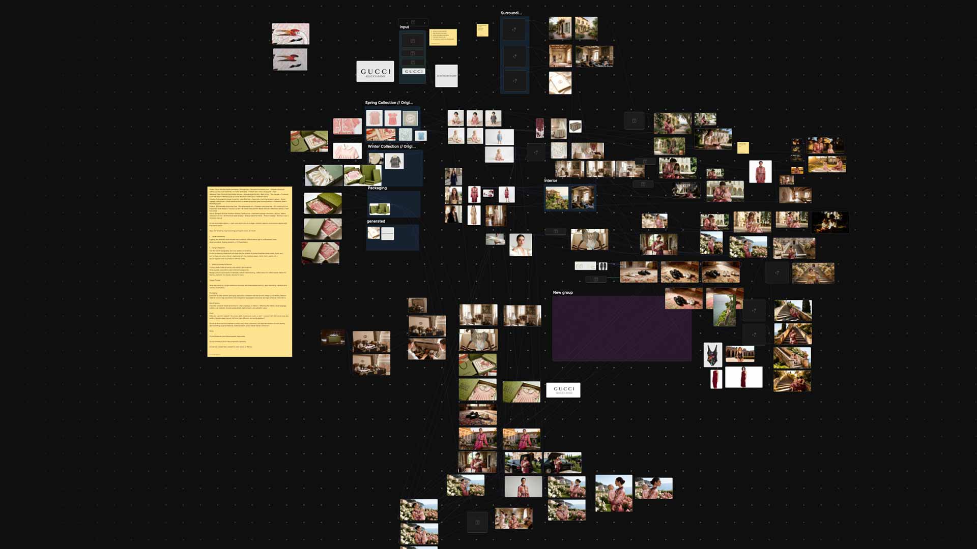 A dense collage on a dark background of fashion images, text blocks, and category tiles arranged like a brand mood board or storyboard.