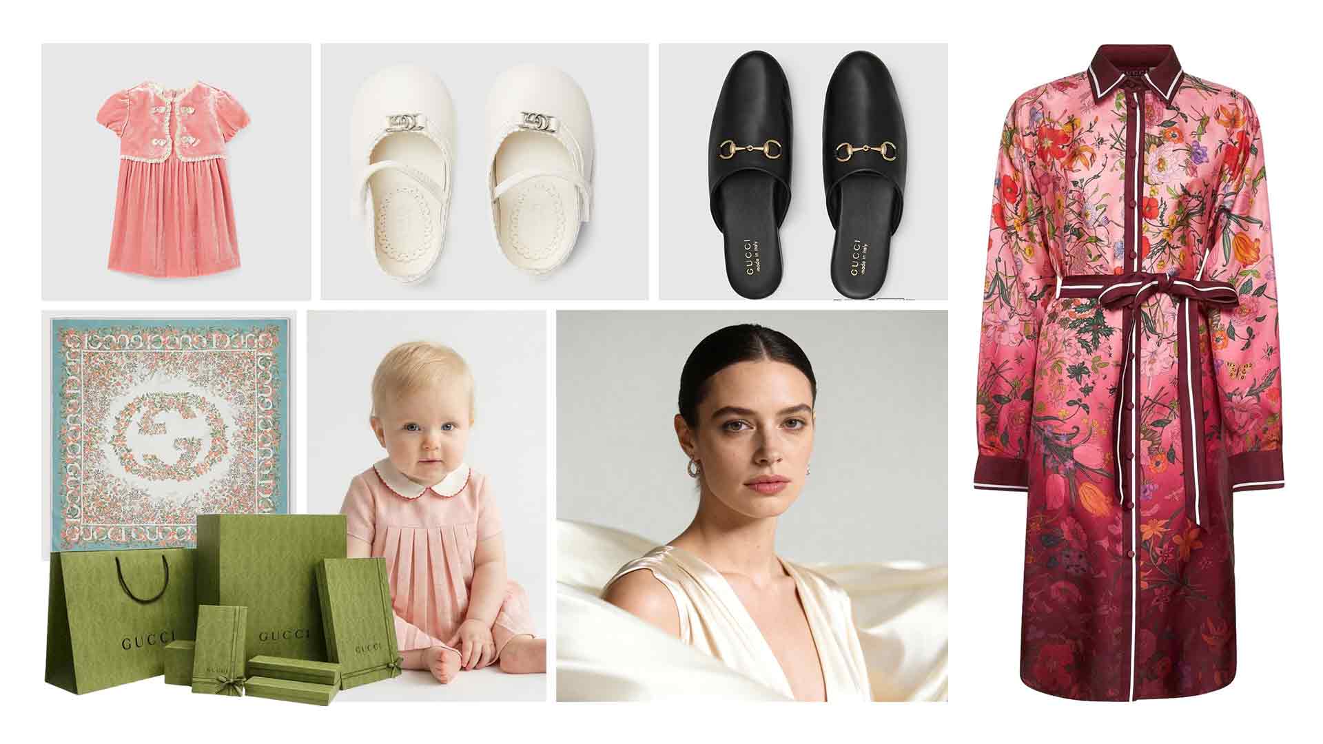 Gucci pink baby dress with white trim showcased among other items on a grid screen.**Alternative: Infant girl's pink dress on a product collage.