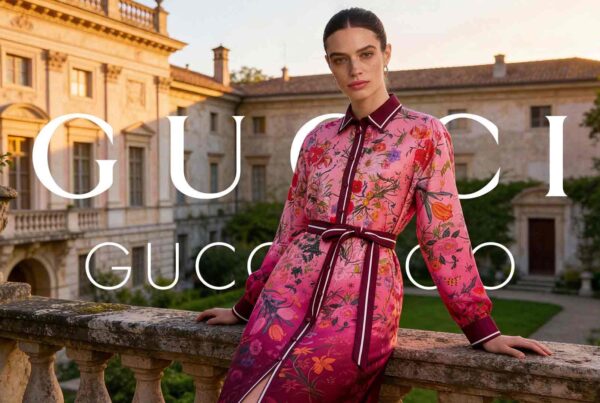 Model wearing a pink floral dress leans on a stone railing in a sunlit historic estate courtyard with Gucci branding overlaid on the scene.