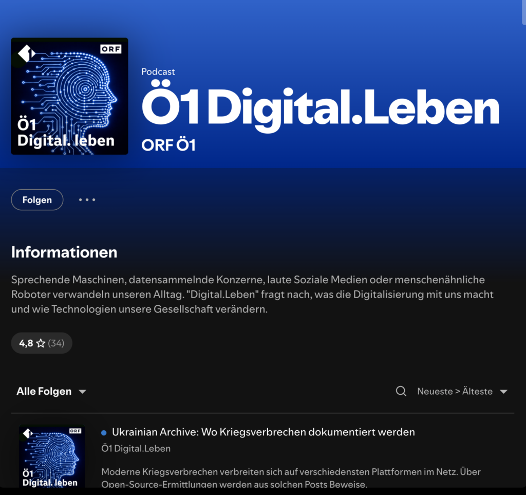 Banner für den Ö1 Digital.Leben Podcast auf ORF, blauer Verlaufshintergrund mit Logo und Titel.