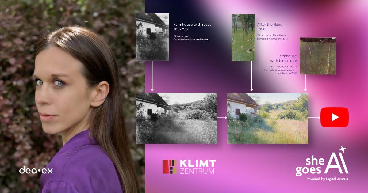 Portrait of a woman in a purple shirt on the left, with a gradient infographic and logos (KLIMT ZENTRUM and she goes AI) on the right.